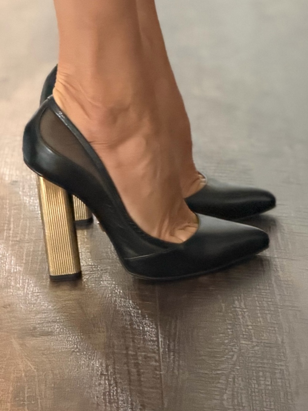 Italian Black Leather Heels with Gold Heel